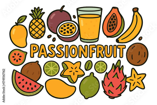 Tropical Fruit Medley. Passionfruit. Hand-drawn doodle illustration of Passionfruit. whole passionfruit, cut