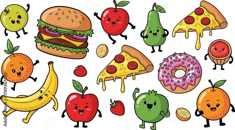 Fototapeta premium Kawaii Cartoon Food Sticker Set: Happy Burger, Pizza, Fruit & Donut Characters