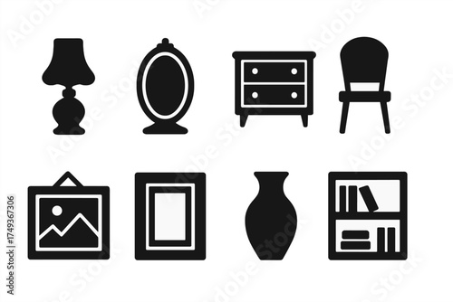 Thrift Icons Collection. Thrift Finds. Filled icon set of Thrift Finds: vintage lamp, mirror, dresser, chair,