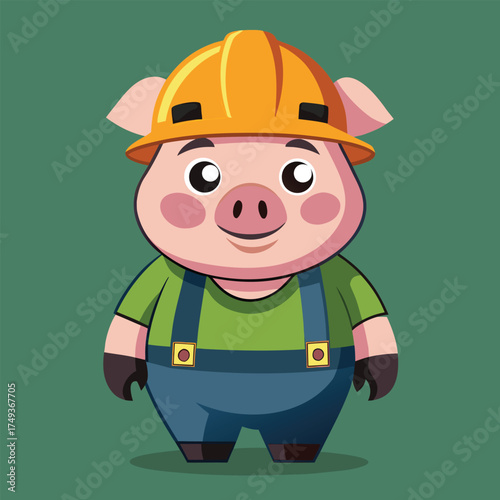 Cartoon pig character wearing construction hard hat and overall work clothes