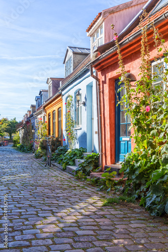 Colorful old houses on cobbled Møllestien street at Aarhus, Denmark