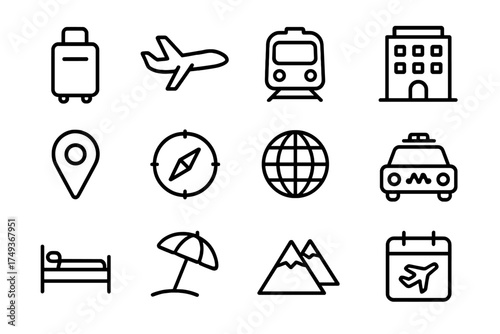 AI Travel Icons. AI-driven personal assistants. Line outline icon set of AI-driven personal assistants: travel