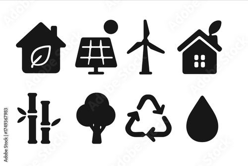 Eco Architecture Icons. Green Architecture. Filled icon set of Green Architecture: eco house, solar panel,