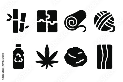 Sustainable Icons Grid. Sustainable Materials. Filled icon set of Sustainable Materials: bamboo, cork tile,