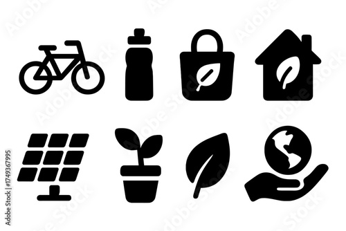Eco Lifestyle Icons. Eco Lifestyle. Filled icon set of Eco Lifestyle: bicycle, reusable bottle, tote bag, eco