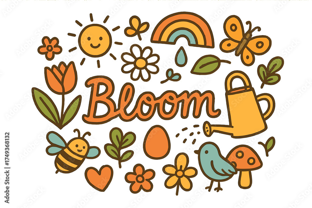 Fototapeta premium Bloom Doodle Illustration. Bloom. Hand-drawn doodle illustration of Bloom. tulip, daisy, butterfly, bee,
