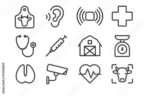 Smart Farming Icons. Smart farming technologies. Line outline icon set of Smart farming technologies: cow tag,