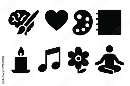 Mental Wellness Icons. Mental Wellness Through Art. Filled icon set of Mental Wellness Through Art: brain with