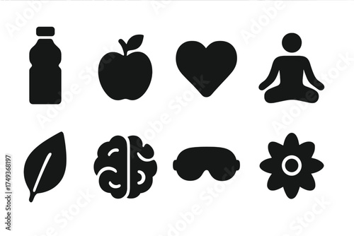 Balanced Wellness Icons. Wellness. Filled icon set of Wellness: water bottle, apple, heart, yoga pose, leaf,