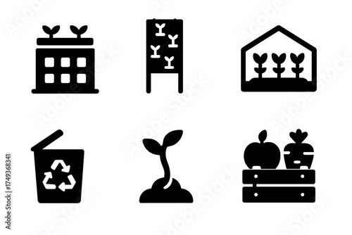 Urban Farming Icons. Urban Farming. Filled icon set of Urban Farming: rooftop garden, vertical planter,