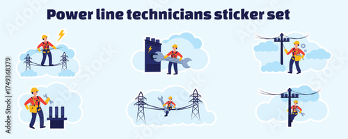 Sticker set of electric power line technicians vector illustration. Utility workers repairing power grid, installing cables, maintenance of electrical transmission towers and equipment
