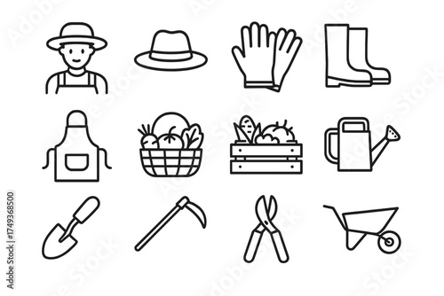 Urban Farming Icons. Urban farming. Line outline icon set of Urban farming: farmer, hat, gloves, boots, apron,