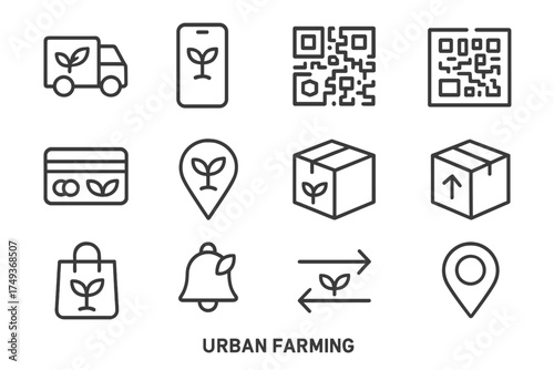 Urban Farming Icons. Urban farming. Line outline icon set of Urban farming: delivery truck, smartphone app, QR