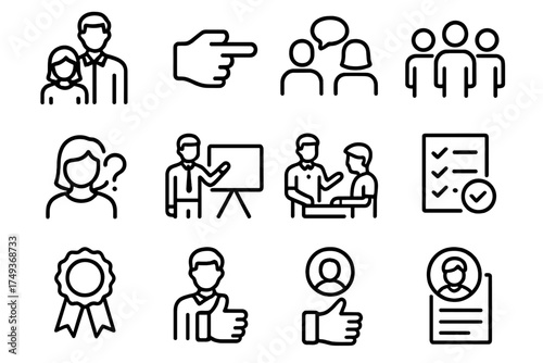 School Research Icon Set. Students conducting research in school labs. Line outline icon set of Students