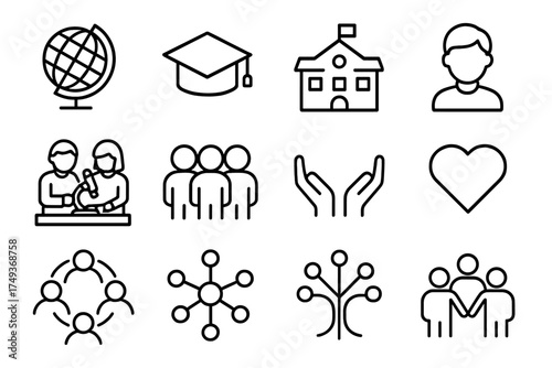Research Lab Icons. Students conducting research in school labs. Line outline icon set of Students conducting