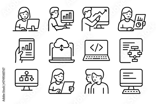 School Lab Research Icons. Students conducting research in school labs. Line outline icon set of Students
