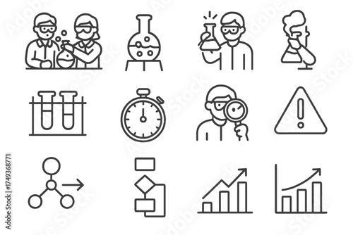 School Lab Research Icons. Students conducting research in school labs. Line outline icon set of Students