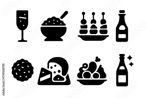 New Year Feast Icons. New Year Feast. Filled icon set of New Year Feast: champagne glass, caviar, hors