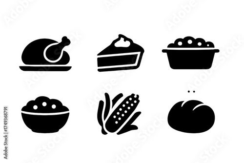 Thanksgiving Feast Icons. Thanksgiving Food. Filled icon set of Thanksgiving Food: turkey, pumpkin pie, mashed