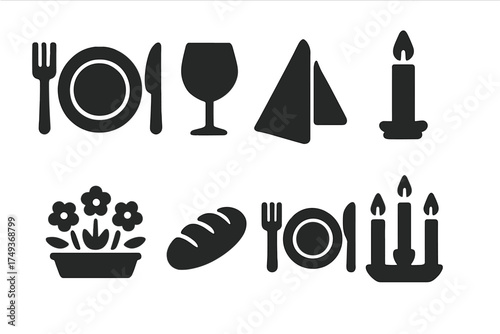 Festive Table Icons. Festive Table. Filled icon set of Festive Table: plate, fork, knife, glass, napkin,