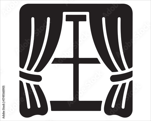 Black and white silhouette of household window icon for interior design use.