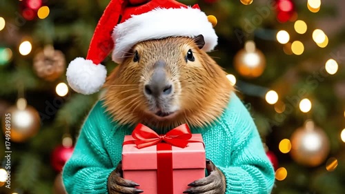 A capybara wearing a Santa hat and a green sweater holds a red gift box. Christmas tree with ornaments is in the background.	
