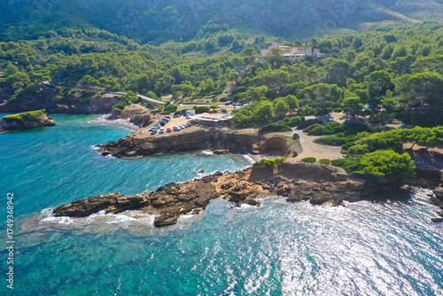 Panoramic aerial view. Cala Morlanda, S'Illot, Manacor coast. Near Alcúdia. Mediterranean Sea, Mallorca, Balearic Islands, Spain, Europe