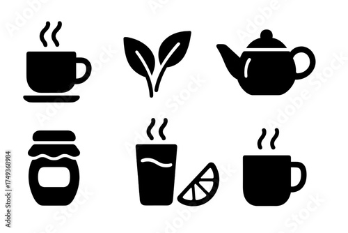 Herbal Tea Icons. Herbal Tea and Warm Milk. Filled icon set of Herbal Tea and Warm Milk: steaming tea cup,
