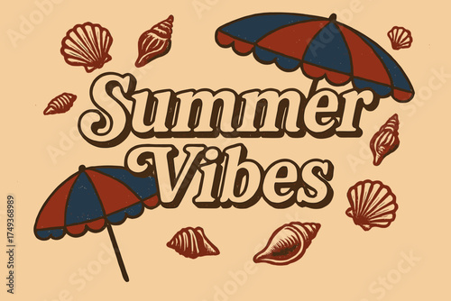 Retro Beach Nostalgia. Summer Vibes. vintage serif script, shadowed outlines, aged print texture, nostalgic