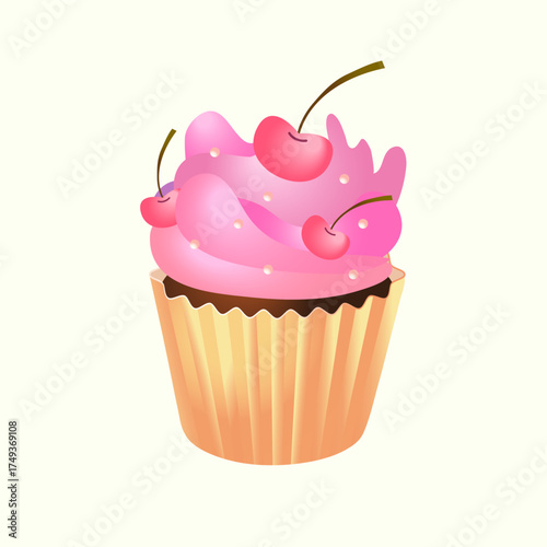 Cupcake with cream frosting, cherries, and sprinkles. Sweet dessert vector illustration perfect for bakery design, cafe menu, or food packaging.