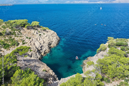 Panoramic aerial view. Cala Morlanda, S'Illot, Manacor coast. Near Alcúdia. Mediterranean Sea, Mallorca, Balearic Islands, Spain, Europe