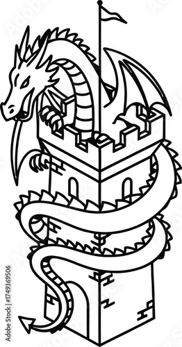 Stylized dragon wrapped around a stone castle tower with a flag flying high