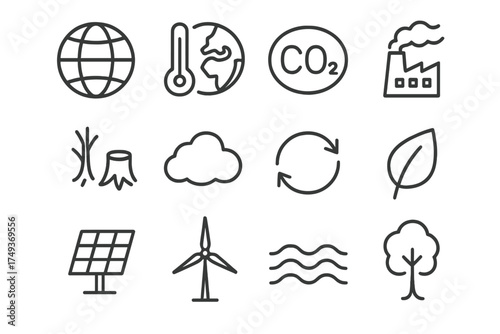 Climate Impact Icons. Climate change and its effects on weather. Line outline icon set of Climate change and