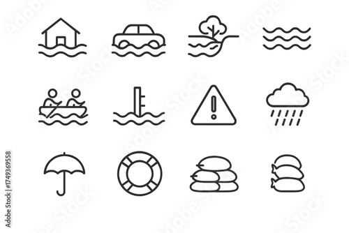 Weather Icons Outline Set. Climate change and its effects on weather. Line outline icon set of Climate change