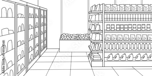 Grocery store shop interior black white graphic sketch illustration vector 