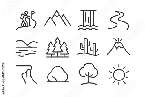 Travel Icon Set. Traveling and exploring new destinations. Line outline icon set of Traveling and exploring