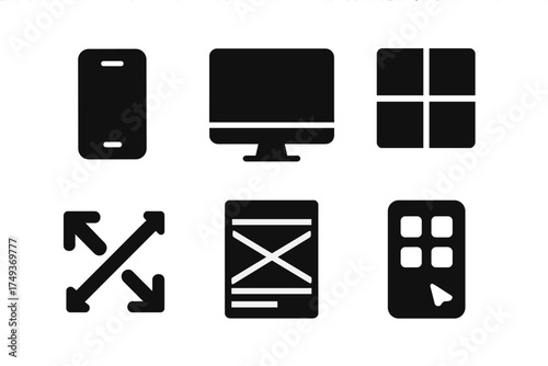 Black Icon Set. Adaptive Layouts. Filled icon set of Adaptive Layouts: smartphone, tablet, desktop, layout