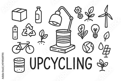 Upcycling Doodle Art. Upcycling. Hand-drawn doodle illustration of Upcycling. In the middle, one slightly