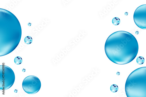 Cute glowing light blue liquid water bubbles, fluid serum droplets isolated on transparent background. Aesthetic composition for cosmetology presentation, beauty science, skin care molecular concept.
