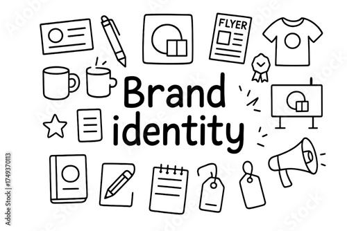 Doodle Brand Identity. Brand identity. Hand-drawn doodle illustration of Brand identity. In the middle, one