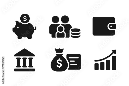 Family Savings Icons. Family Savings. Filled icon set of Family Savings: piggy bank, group of people, coins,
