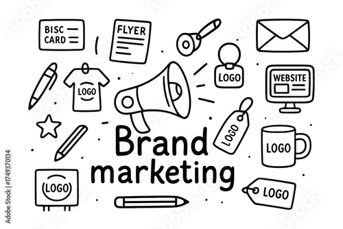 Brand Marketing Doodle Art. Brand marketing. Hand-drawn doodle illustration of Brand marketing. In the middle,