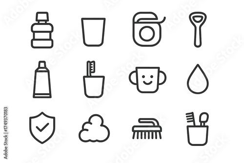 Toothbrush Holder Icons. Toothbrush holder. Line outline icon set of Toothbrush holder: mouthwash bottle,