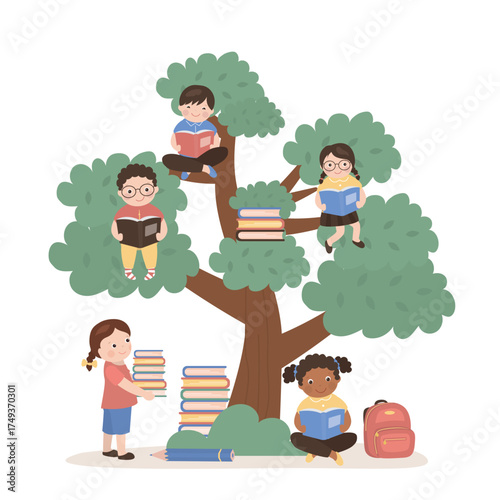 Multiethnic kids students and tree with many books. Education process. Tree of knowledge, learning process, students reading textbooks. School subjects