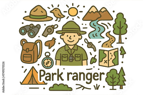 Park Ranger Doodle. Park ranger. Hand-drawn doodle illustration of Park ranger. ranger hat, binoculars,