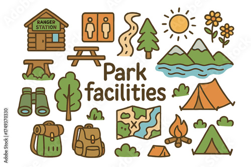 Park Facilities Doodle. Park facilities. Hand-drawn doodle illustration of Park facilities. ranger station,