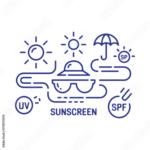 Sun protection elements including sunglasses, hat, umbrella, and UV rays for healthy skin.