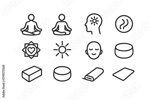 Wellness Retreat Icons. Wellness retreats. Line outline icon set of Wellness retreats: person meditating,