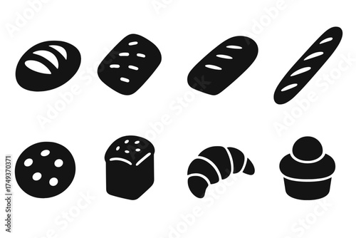 Artisan Bread Icons. Artisan Bread. Filled icon set of Artisan Bread: sourdough, ciabatta, rye loaf, baguette,