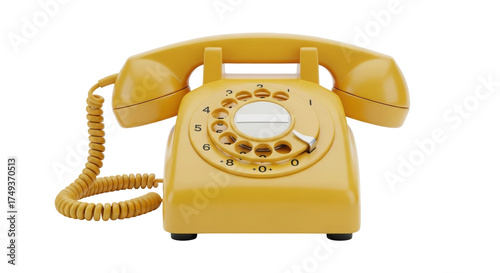 Obraz na płótnie Isolated vintage yellow rotary telephone, 1970s-era retro communication device o